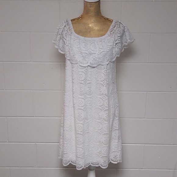 RN STUDIO LACE, ON OR OFF SHOULDER, SCALLOP HEM & RUFFLE TOP DRESS - Picture 2 of 11